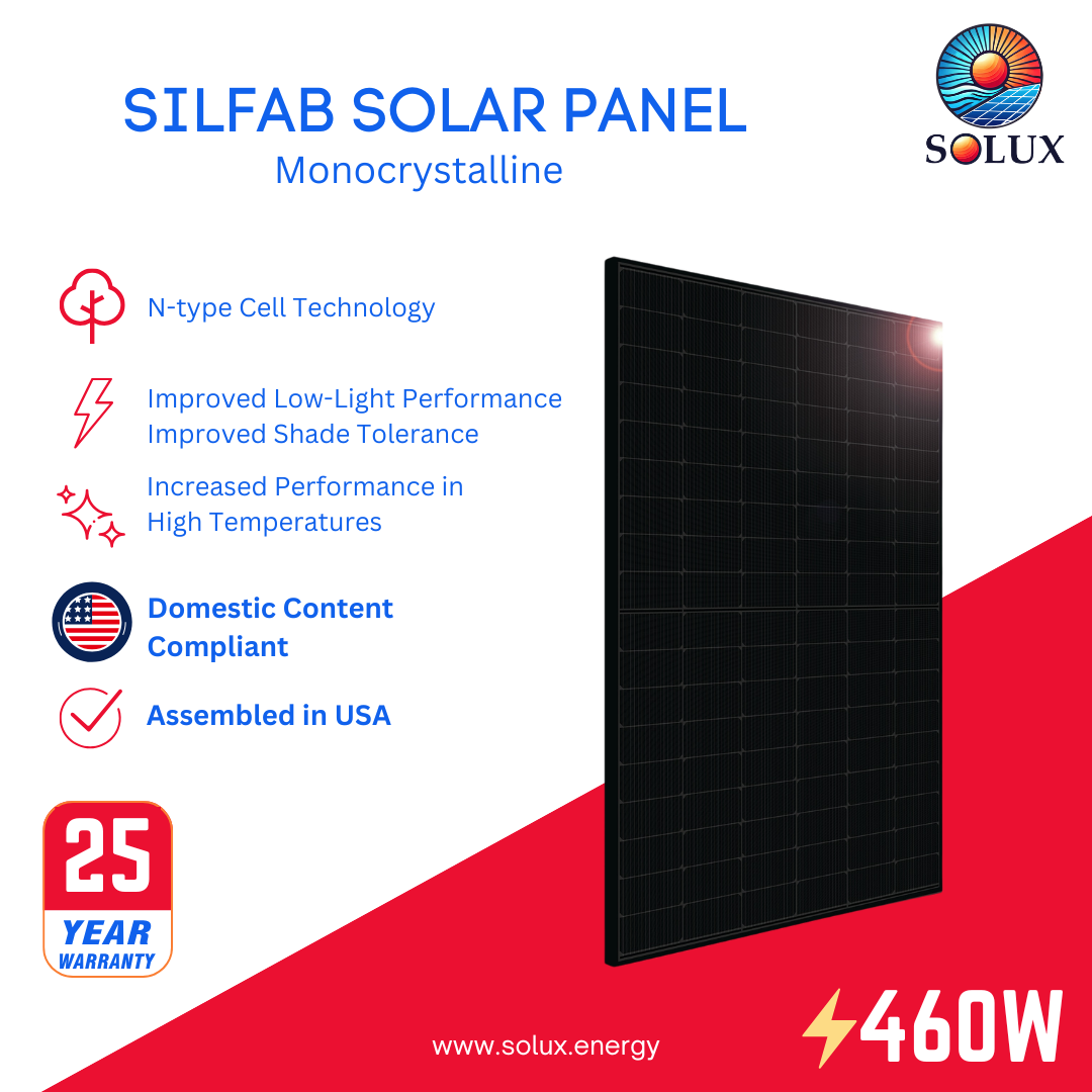 Silfab 440w monocrystalline solar panel graphic: Assembled in USA, Domestic Content, N-type cell technology, 460W output.